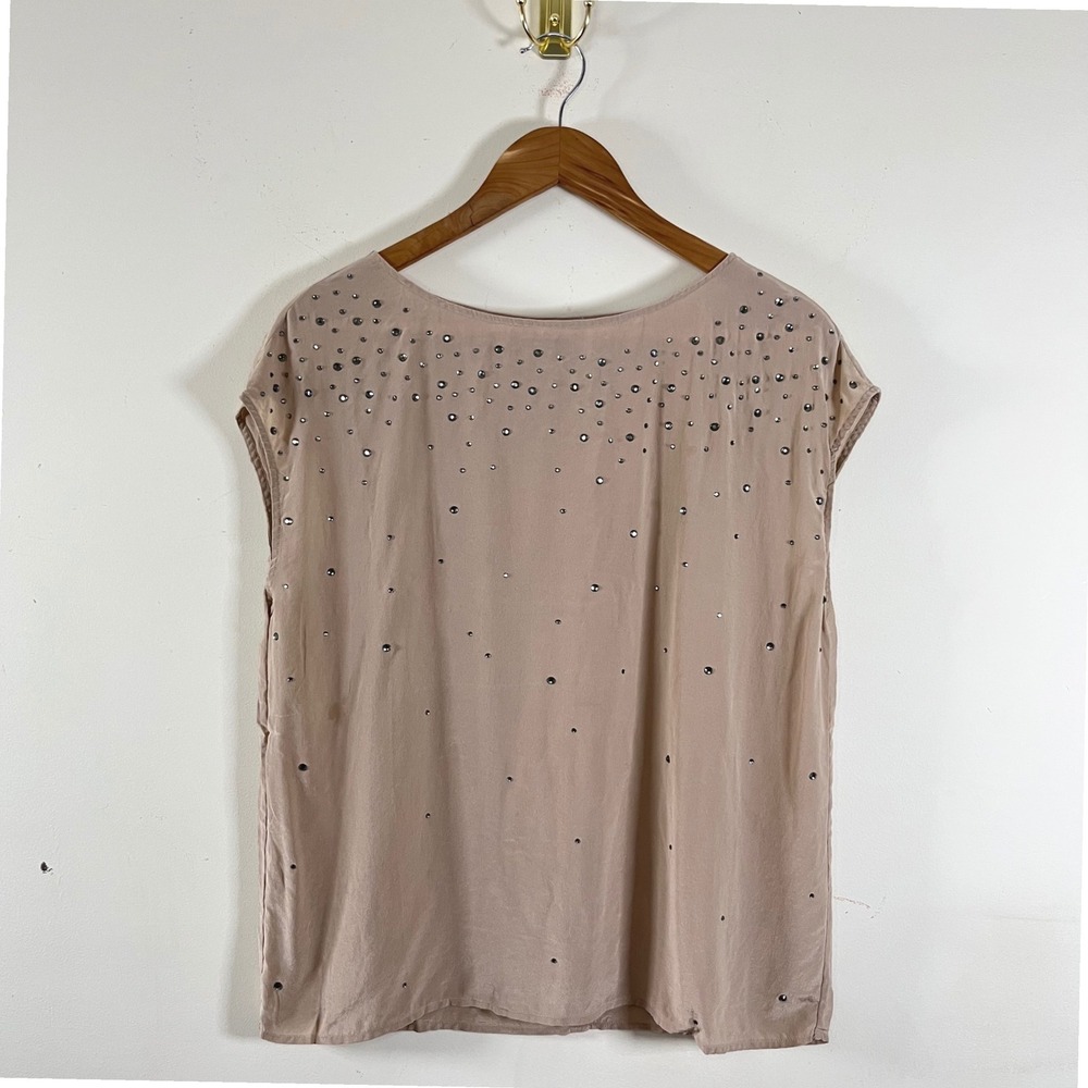 Talbots Silk Rhinestone Studded Tan Going Out Top Glam Boat Neck Cap Sleeves M